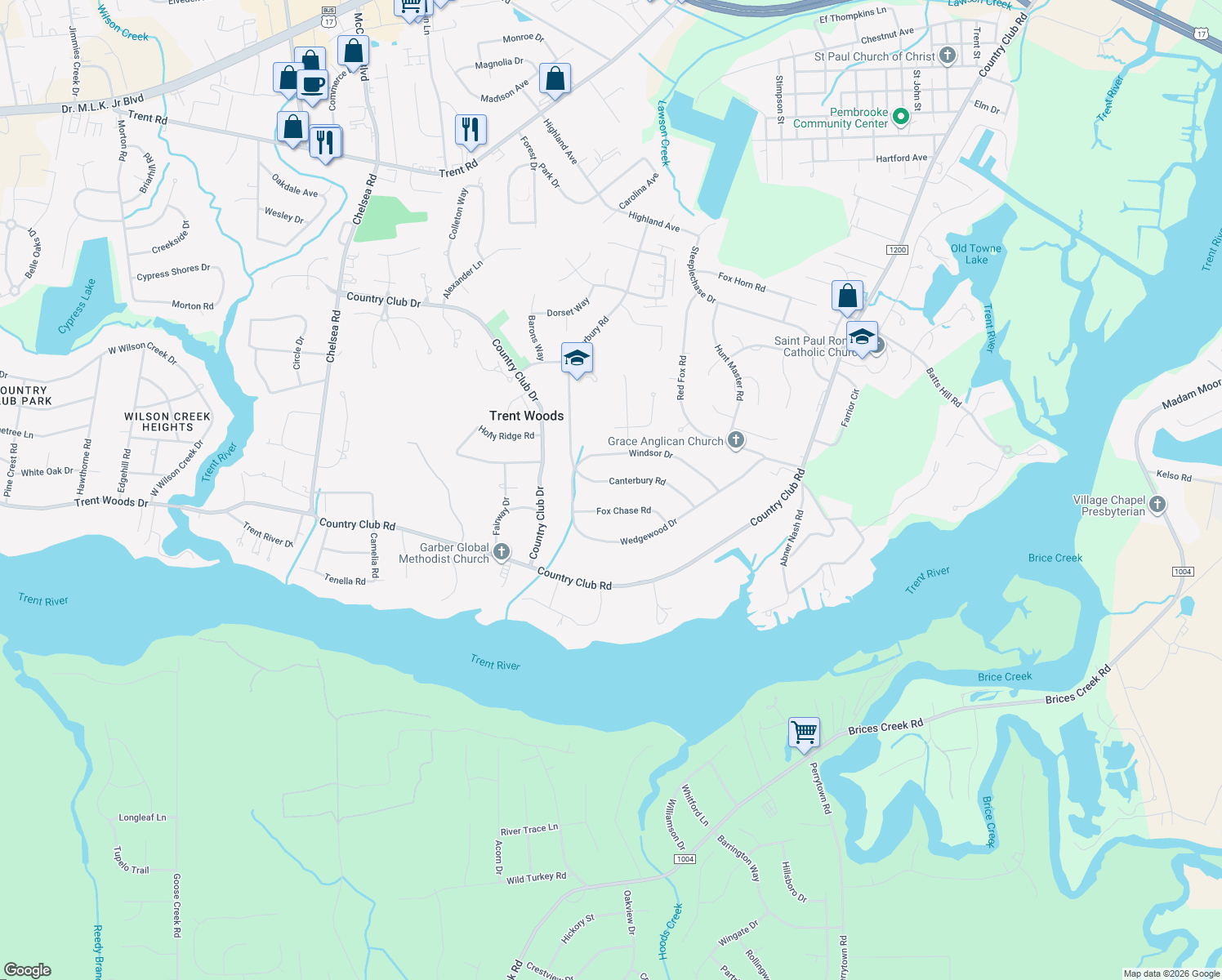 map of restaurants, bars, coffee shops, grocery stores, and more near 3523 Canterbury Rd in Trent Woods