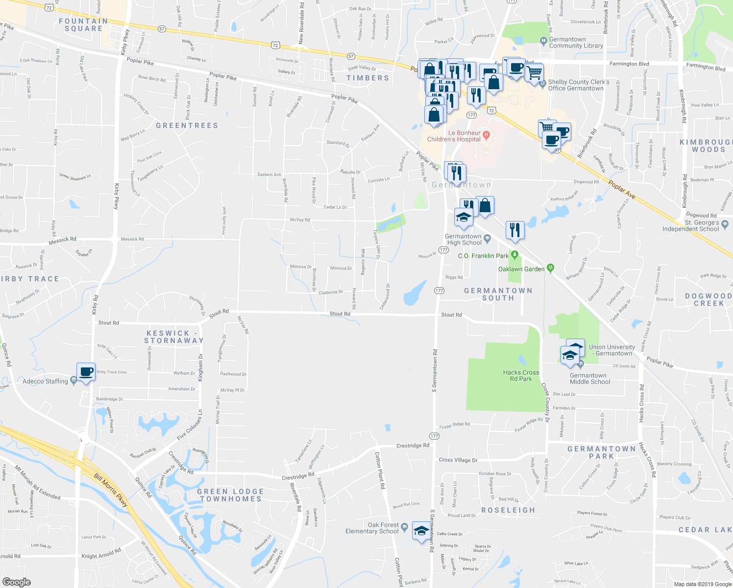 map of restaurants, bars, coffee shops, grocery stores, and more near 2564 Regents Walk in Germantown