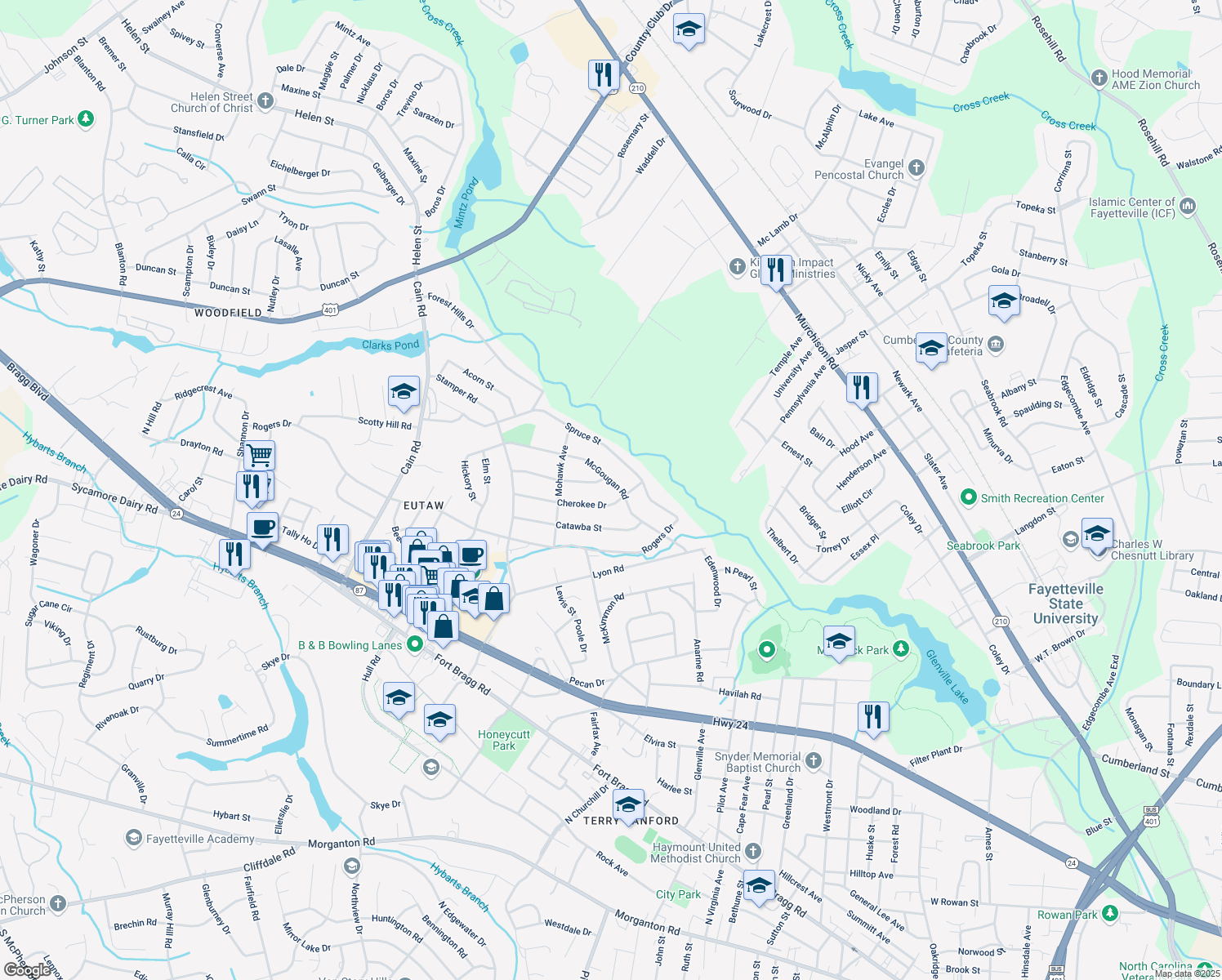 map of restaurants, bars, coffee shops, grocery stores, and more near 1805 McGougan Road in Fayetteville