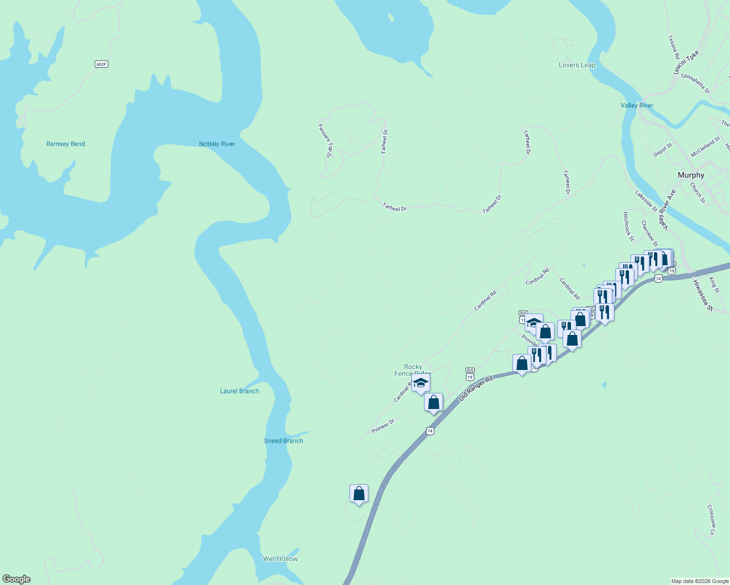 map of restaurants, bars, coffee shops, grocery stores, and more near 277 West Ridge Drive in Murphy