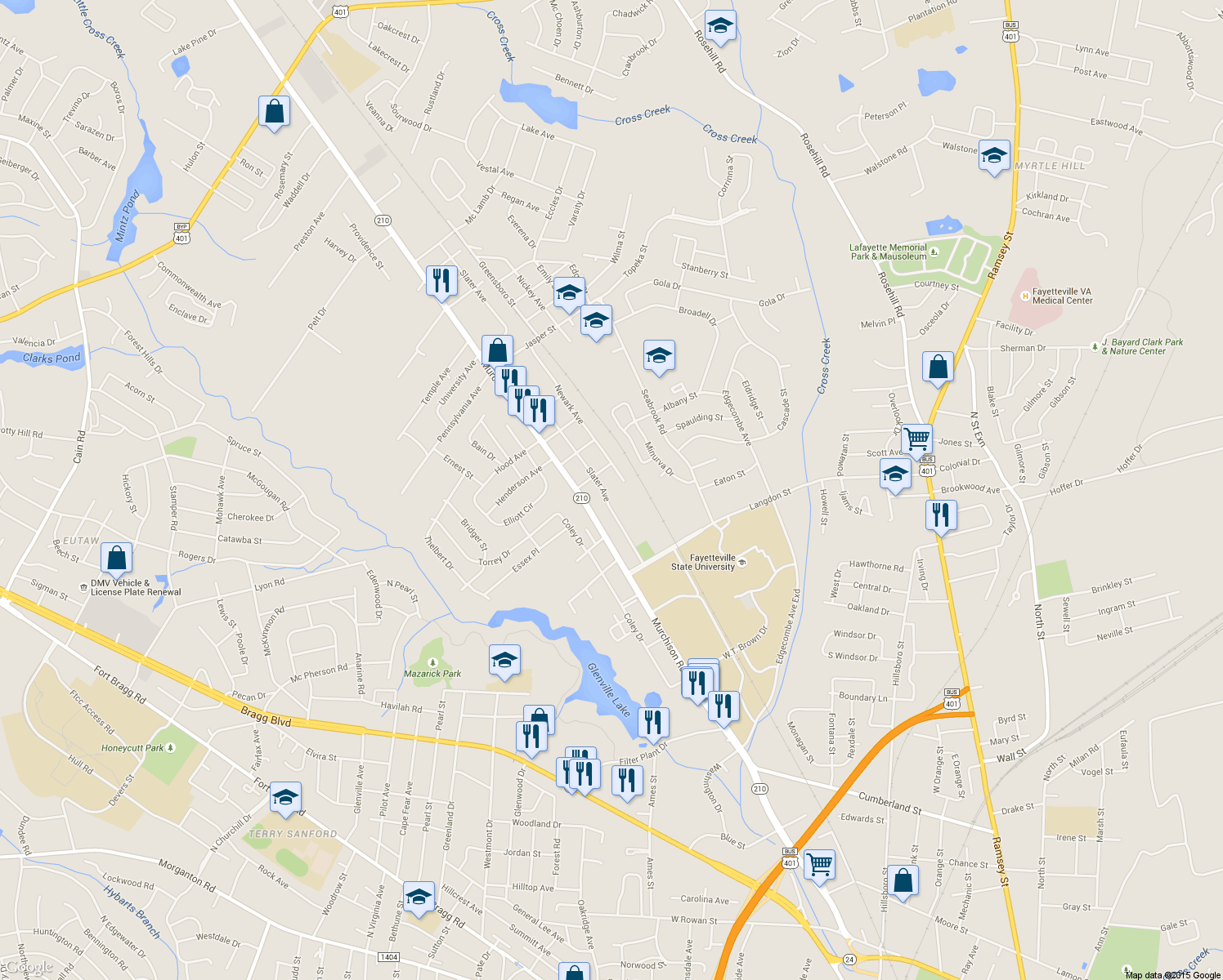 map of restaurants, bars, coffee shops, grocery stores, and more near 1620 Slater Ave in Fayetteville