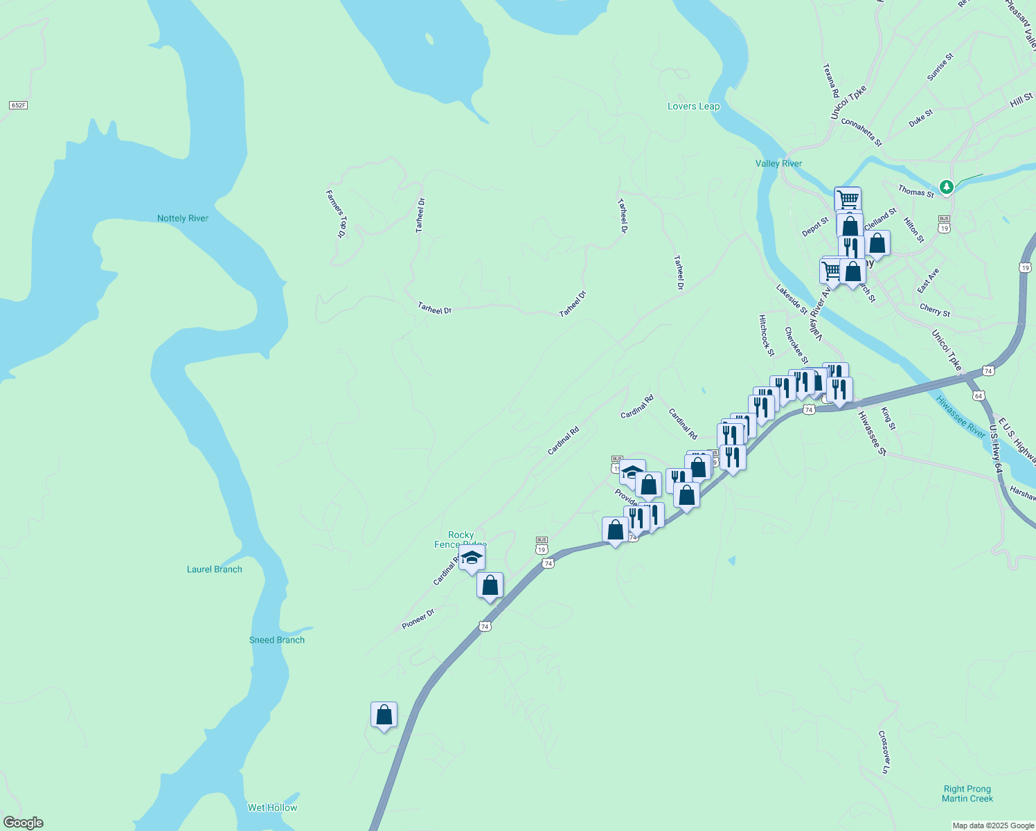 map of restaurants, bars, coffee shops, grocery stores, and more near 114 Dream Maker Lane in Murphy