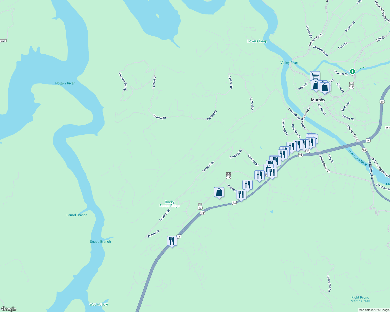 map of restaurants, bars, coffee shops, grocery stores, and more near 114 Dream Maker Lane in Murphy