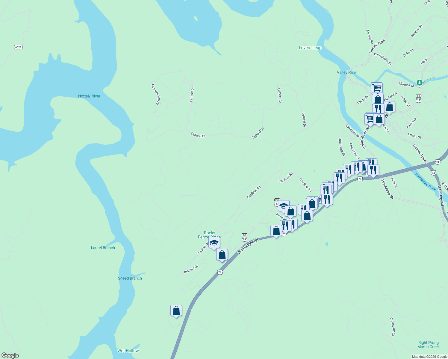 map of restaurants, bars, coffee shops, grocery stores, and more near 584 Tarheel West Drive in Murphy