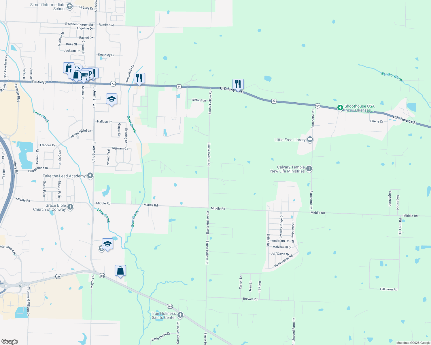 map of restaurants, bars, coffee shops, grocery stores, and more near 24 Bright Road in Conway