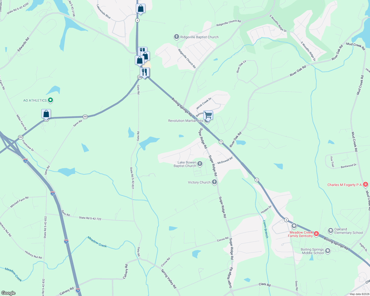 map of restaurants, bars, coffee shops, grocery stores, and more near 436 Cobblestone Dr in Inman