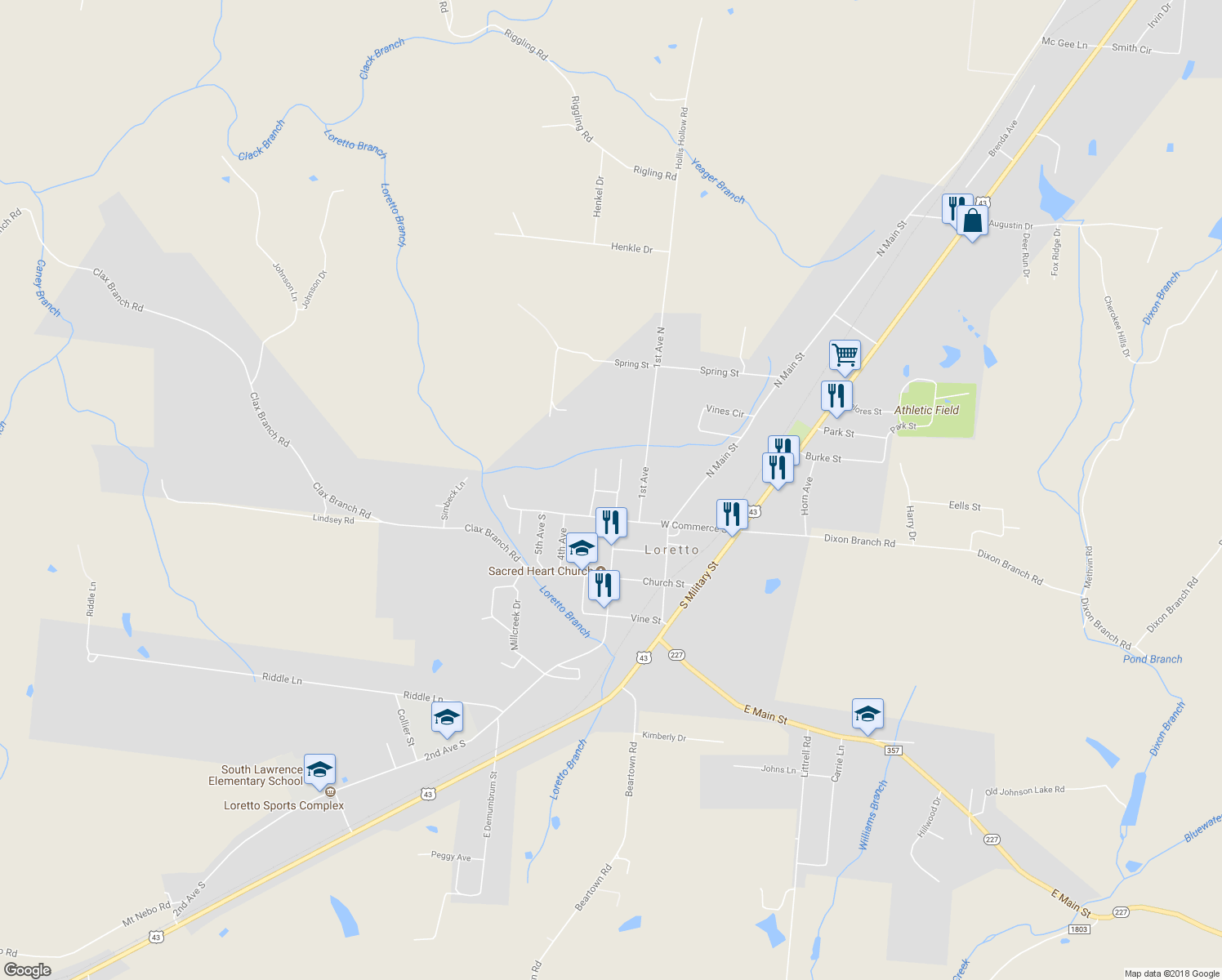 map of restaurants, bars, coffee shops, grocery stores, and more near 109 2nd Avenue North in Loretto