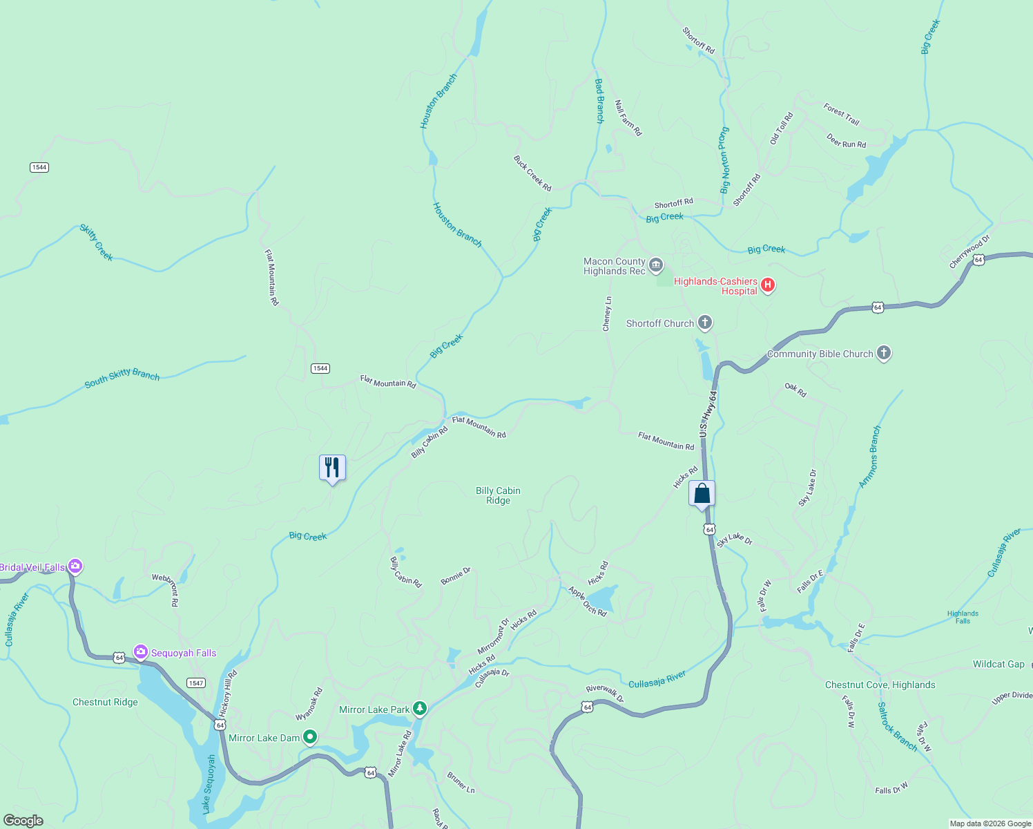 map of restaurants, bars, coffee shops, grocery stores, and more near Flat Mountain Road in Highlands