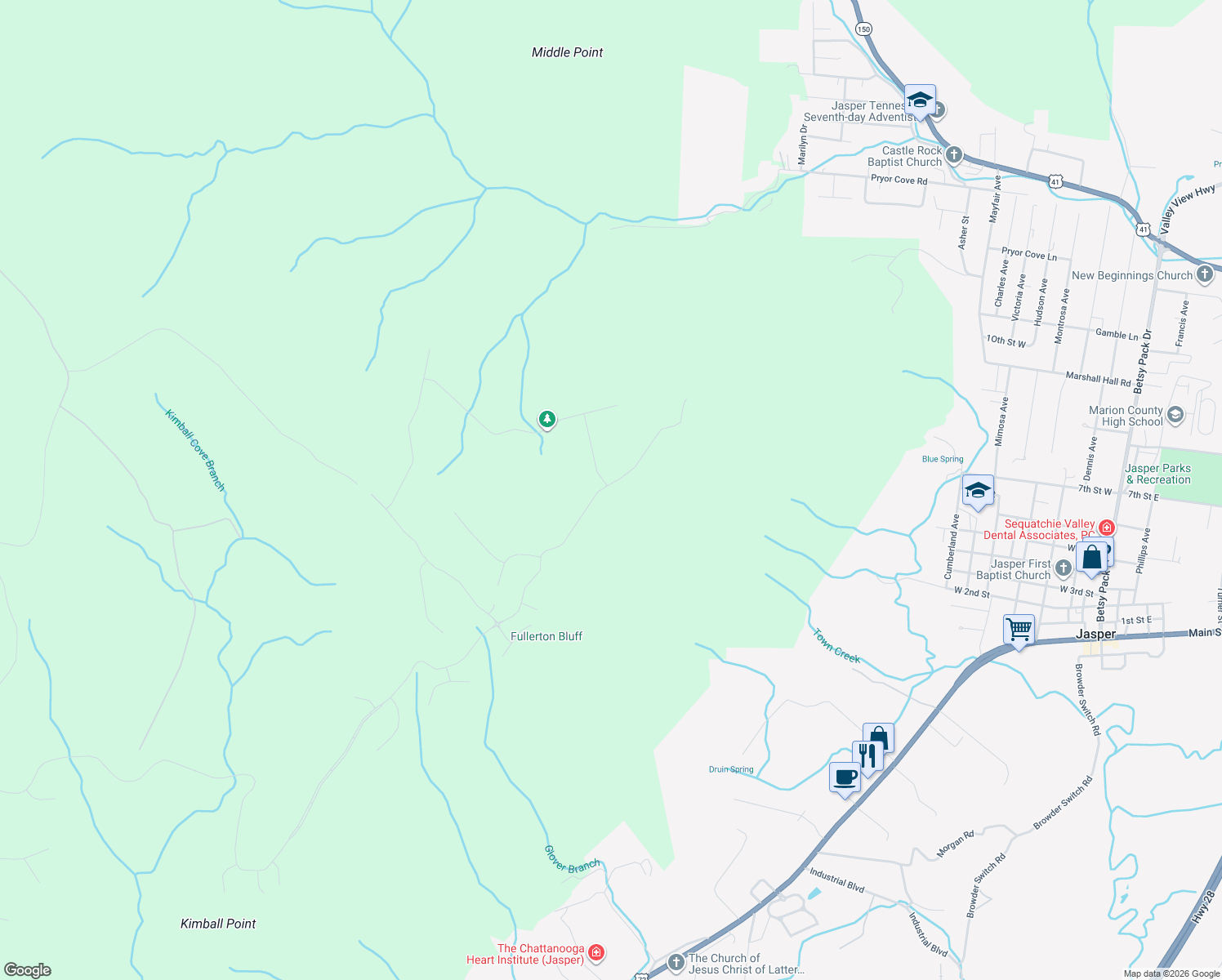 map of restaurants, bars, coffee shops, grocery stores, and more near 2695 River Bluffs Drive in Jasper