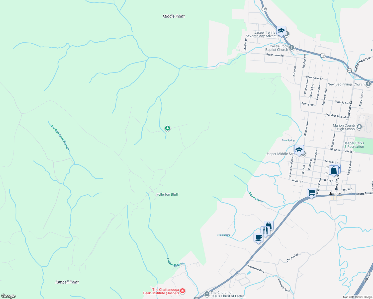 map of restaurants, bars, coffee shops, grocery stores, and more near 2695 River Bluffs Drive in Jasper