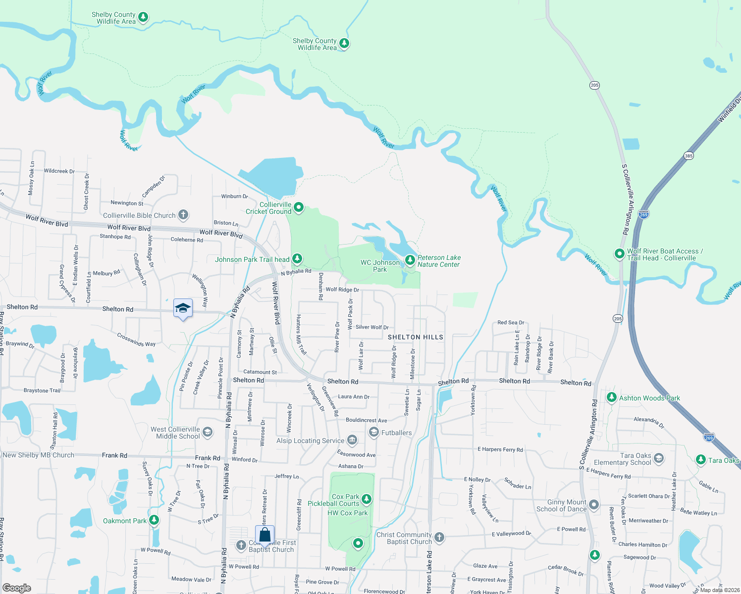 map of restaurants, bars, coffee shops, grocery stores, and more near 1527 Howling Drive in Collierville