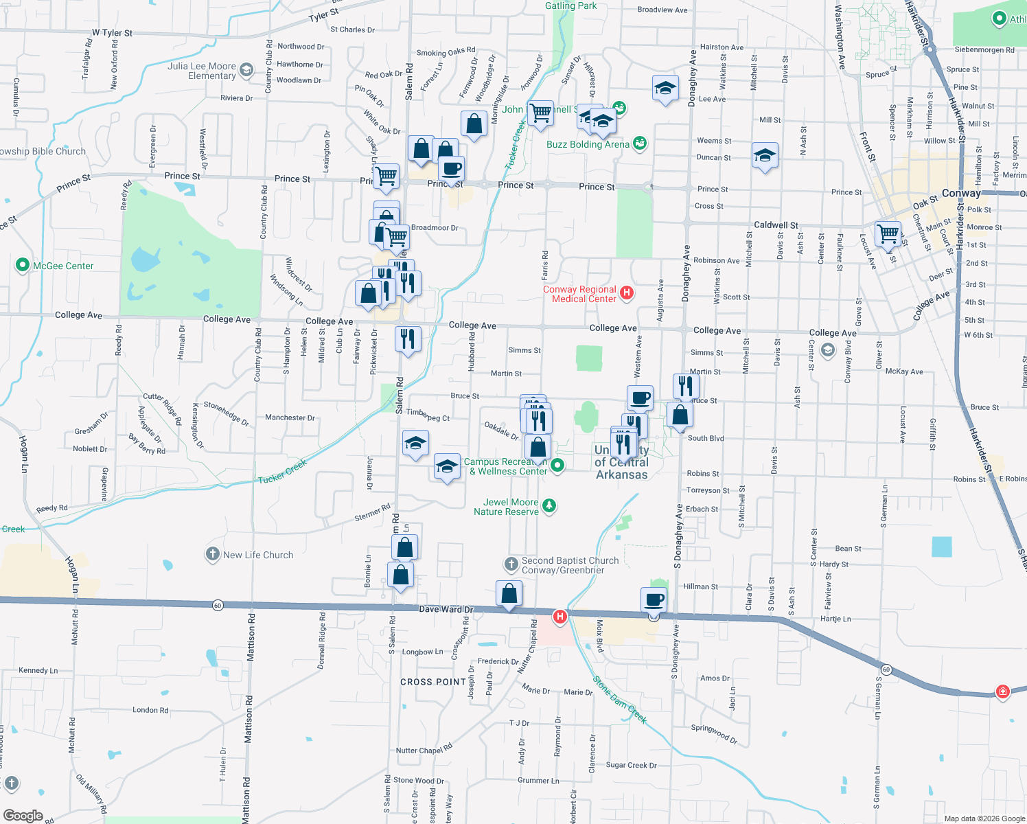 map of restaurants, bars, coffee shops, grocery stores, and more near 7 Birchwood Drive in Conway