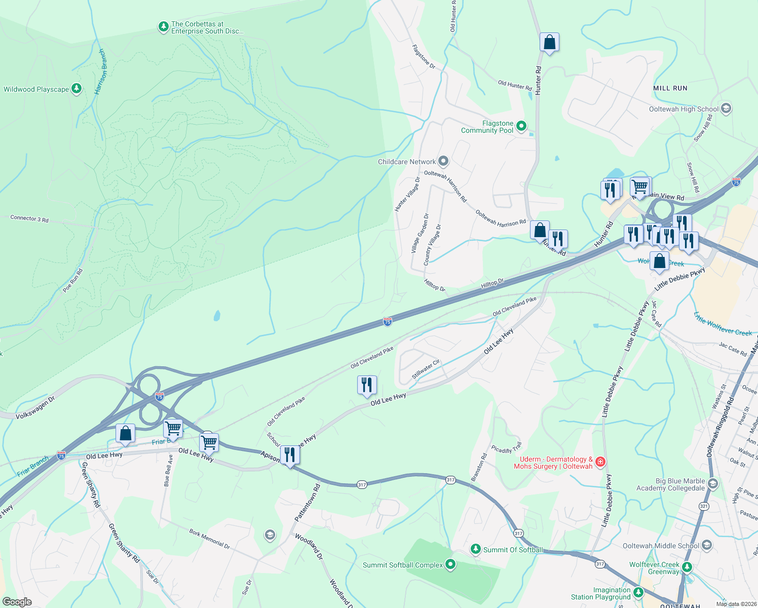 map of restaurants, bars, coffee shops, grocery stores, and more near 5046 Hunter Village Drive in Ooltewah