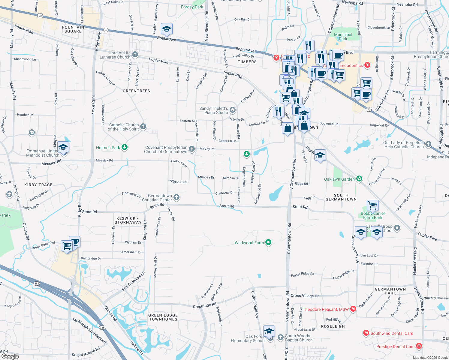 map of restaurants, bars, coffee shops, grocery stores, and more near 2506 Rosehaven Drive in Memphis