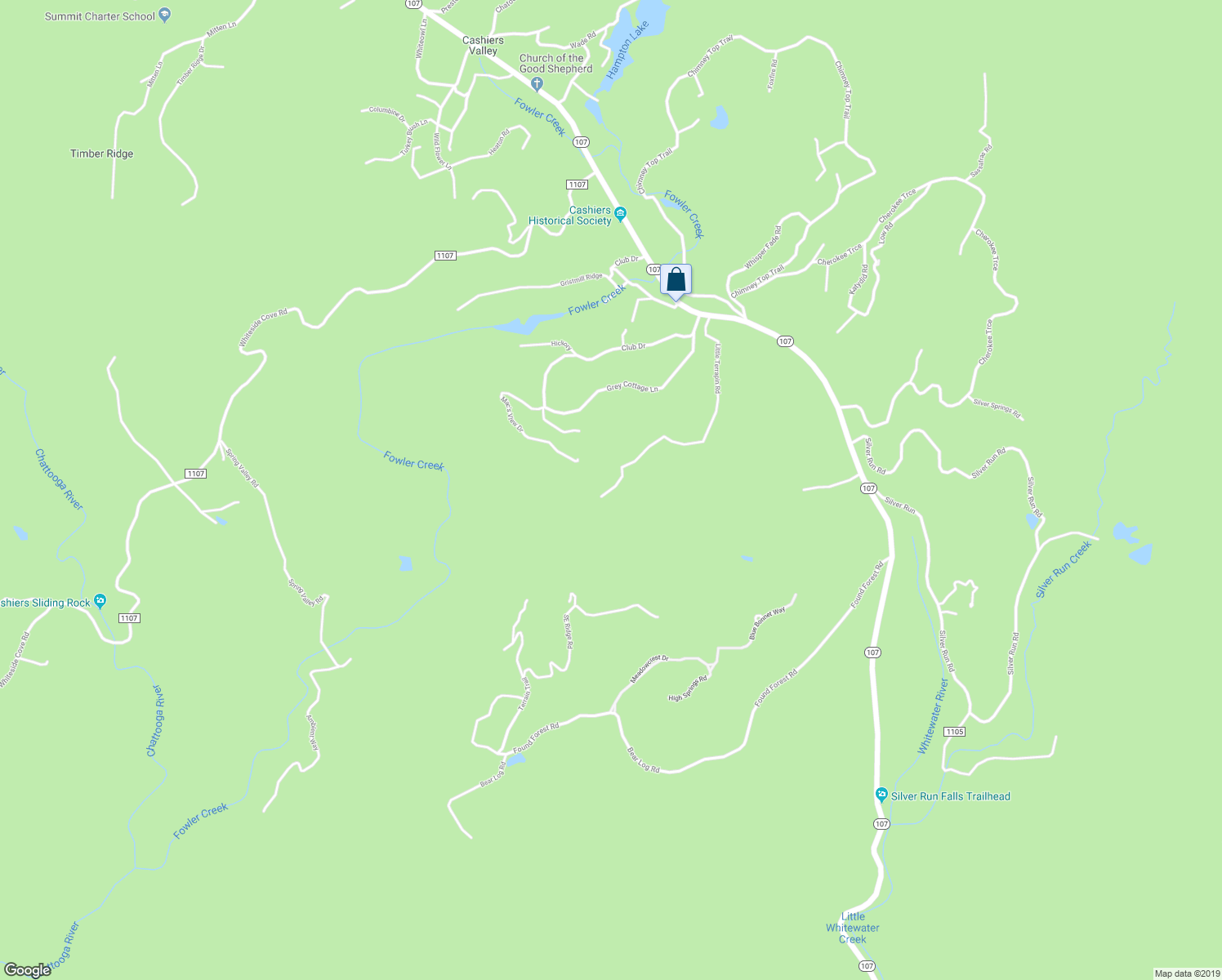 map of restaurants, bars, coffee shops, grocery stores, and more near 190 Little Terrapin Road in Cashiers