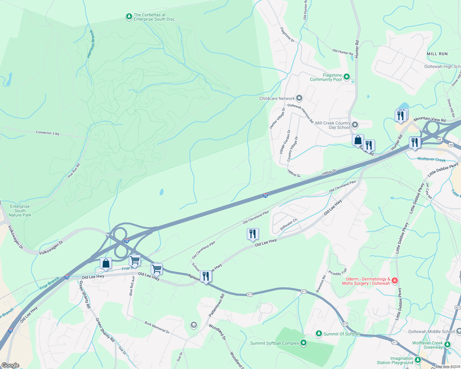 map of restaurants, bars, coffee shops, grocery stores, and more near 5007 Hunter Village Drive in Ooltewah