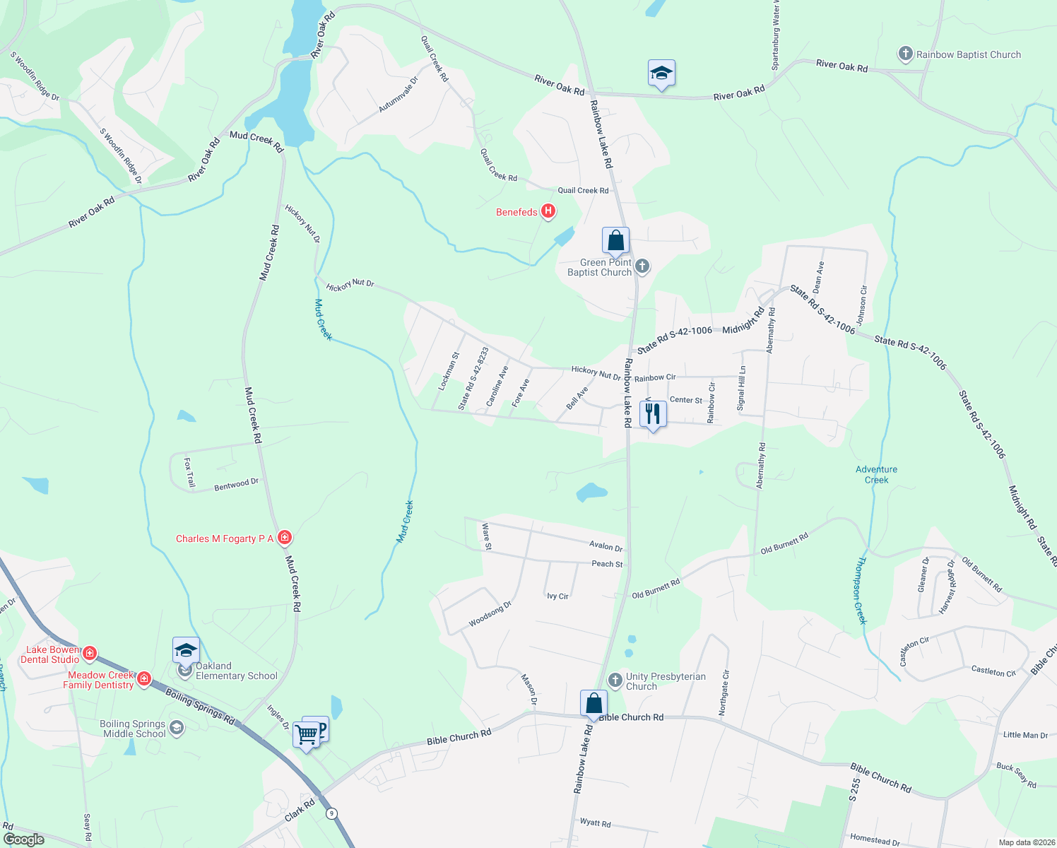 map of restaurants, bars, coffee shops, grocery stores, and more near 191 Wynette Way in Inman