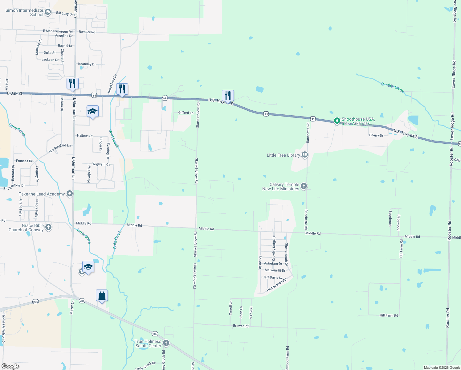 map of restaurants, bars, coffee shops, grocery stores, and more near 24 Bright Road in Conway