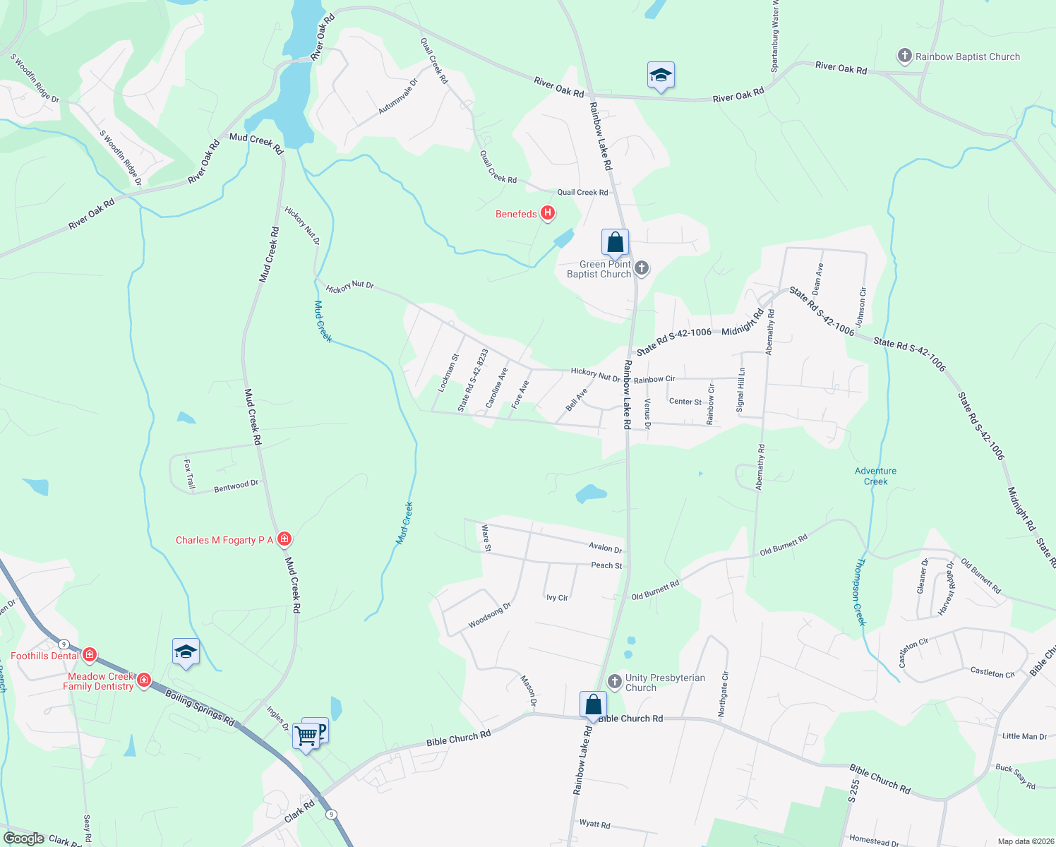 map of restaurants, bars, coffee shops, grocery stores, and more near 191 Wynette Way in Inman