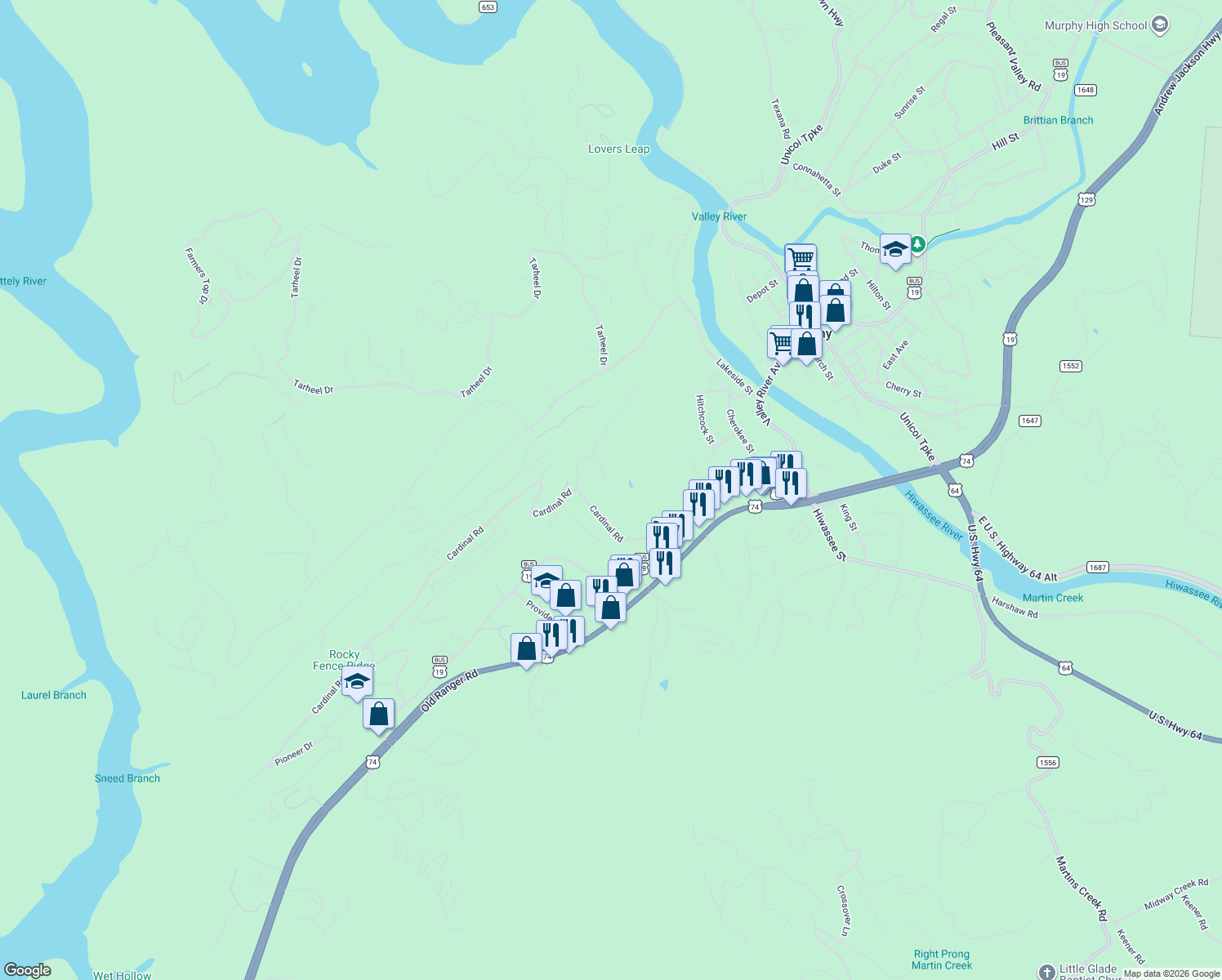 map of restaurants, bars, coffee shops, grocery stores, and more near 125 Wren Ln in Murphy