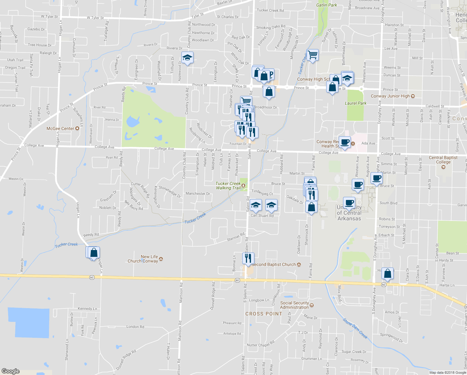 map of restaurants, bars, coffee shops, grocery stores, and more near 284 Pickwicket Drive in Conway