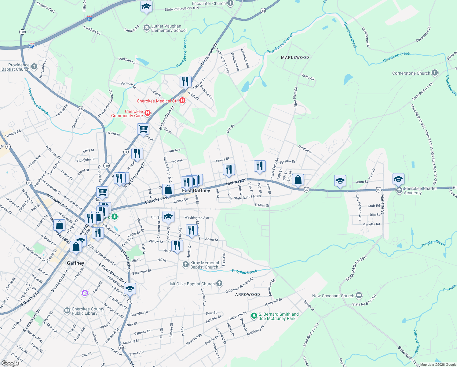 map of restaurants, bars, coffee shops, grocery stores, and more near 1505 Cherokee Avenue in Gaffney