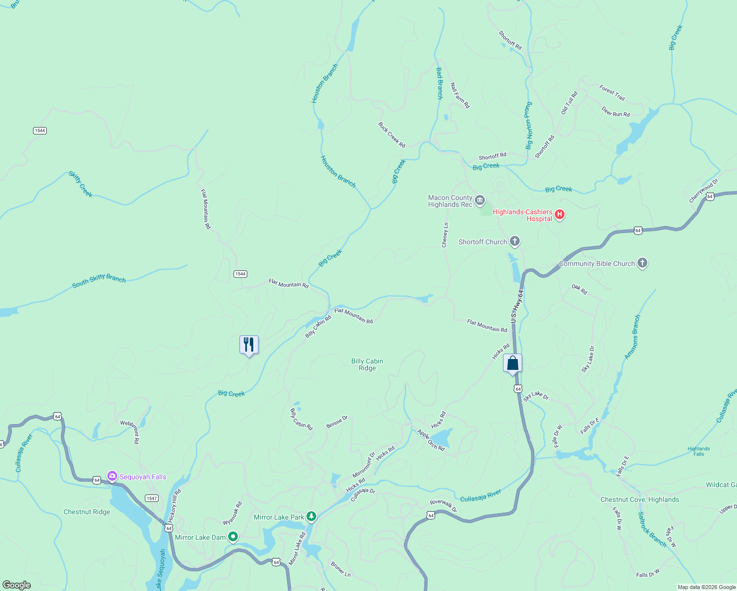map of restaurants, bars, coffee shops, grocery stores, and more near Flat Mountain Road in Highlands