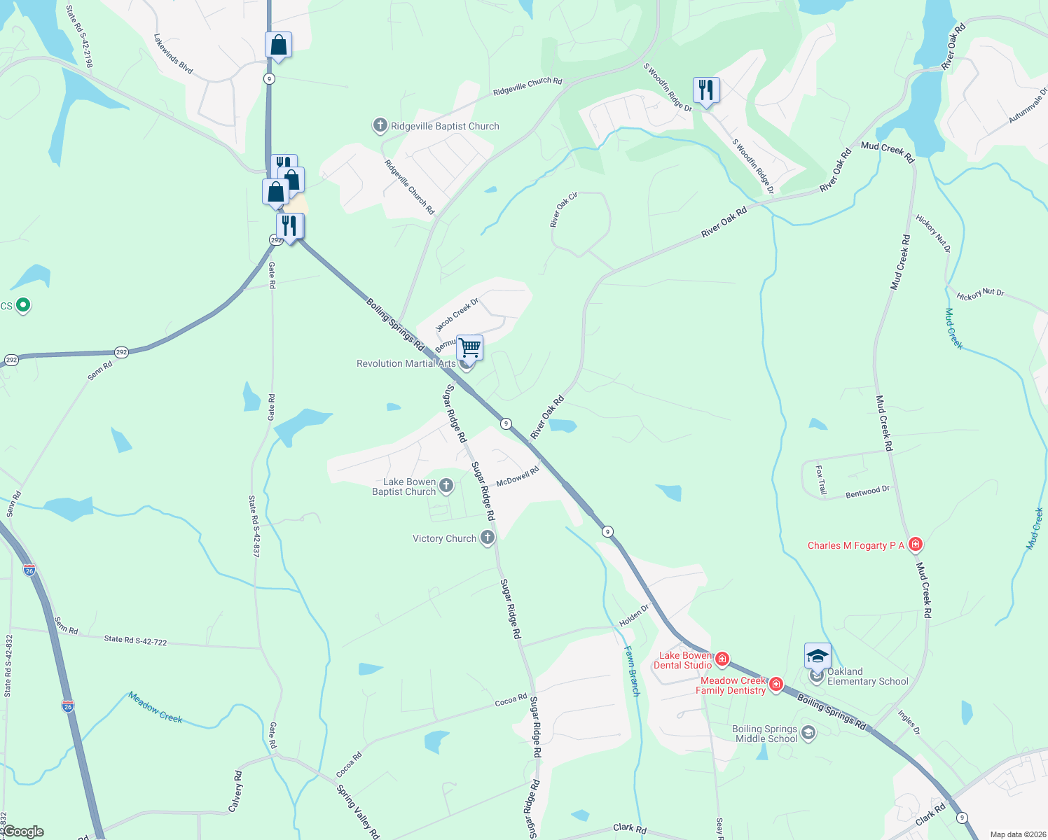 map of restaurants, bars, coffee shops, grocery stores, and more near 151 Riveroak Road in Inman