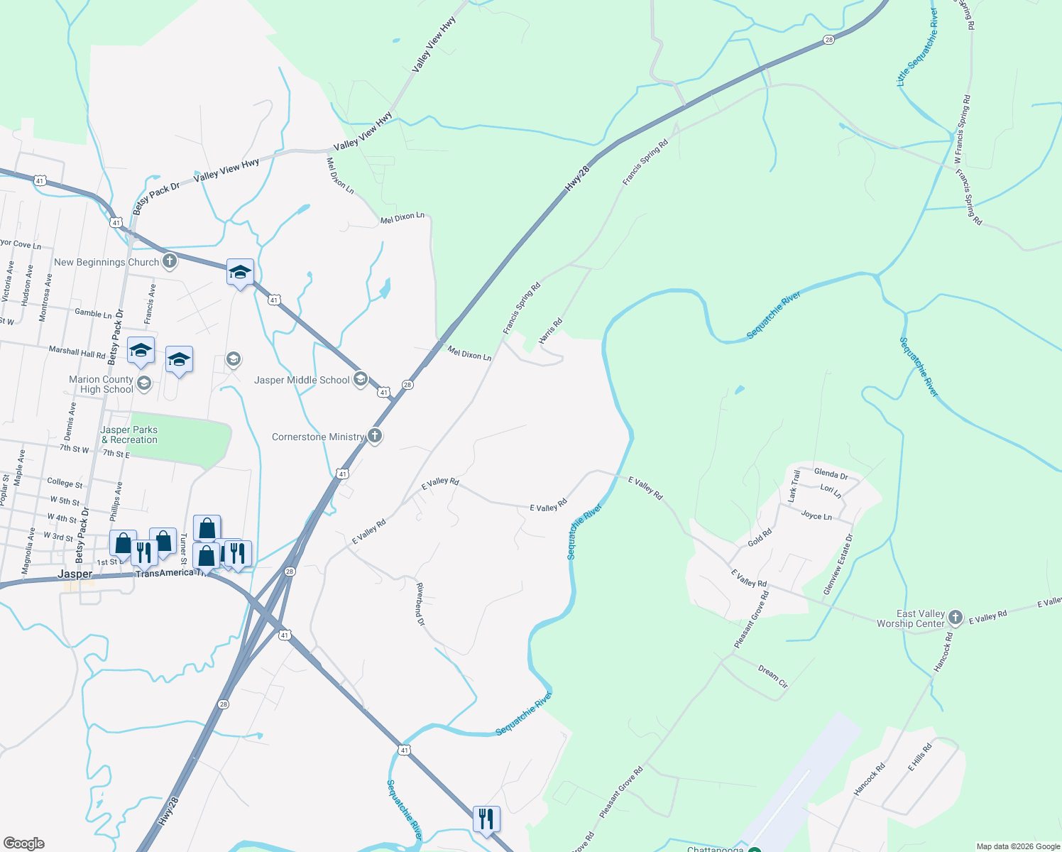 map of restaurants, bars, coffee shops, grocery stores, and more near 460 Duggan Road in Jasper