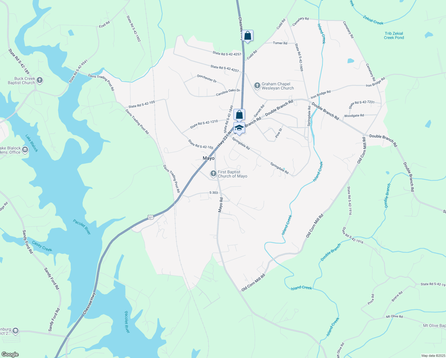 map of restaurants, bars, coffee shops, grocery stores, and more near 193 Mayo Road in Cowpens