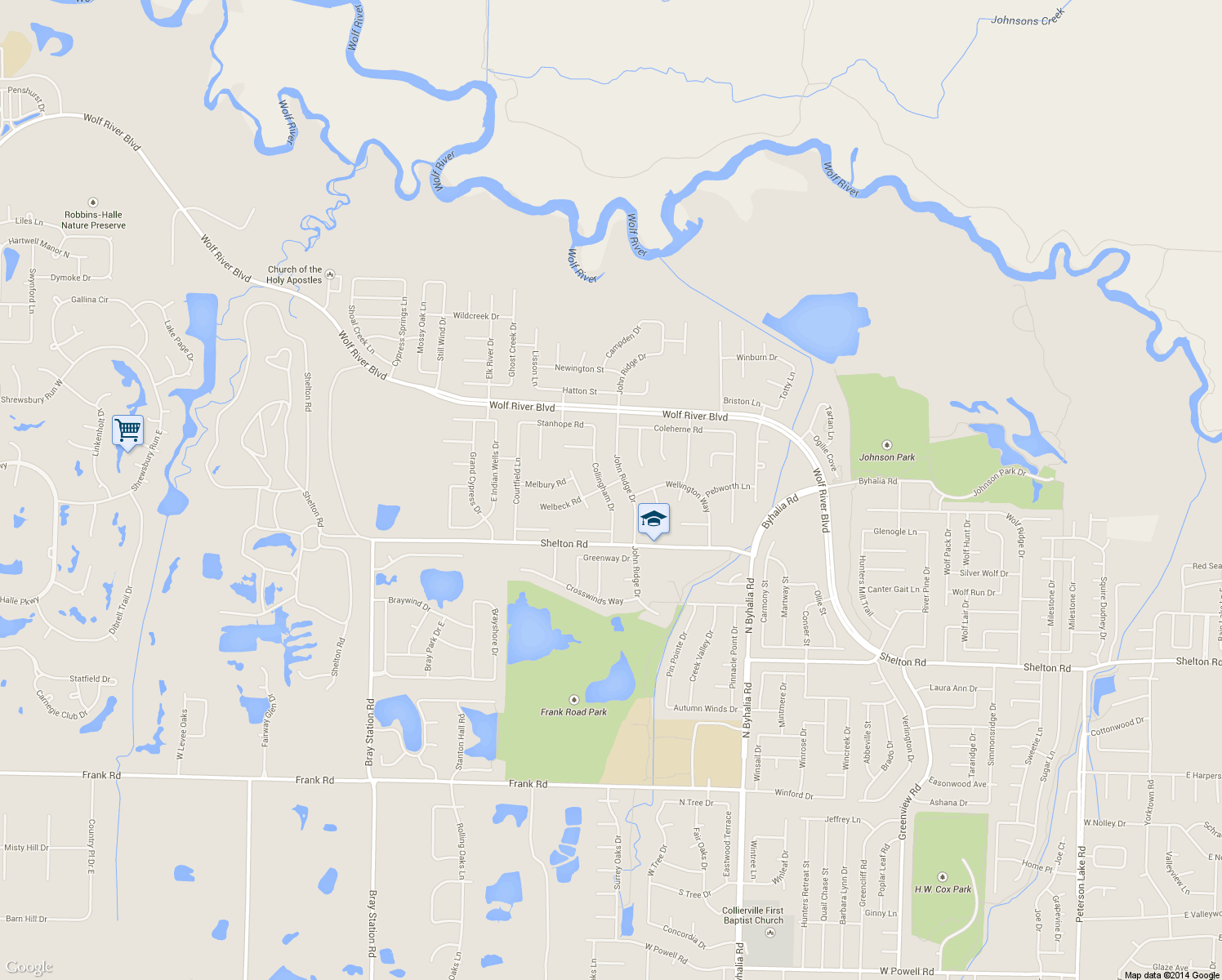 map of restaurants, bars, coffee shops, grocery stores, and more near 1530 Collingham Drive in Collierville