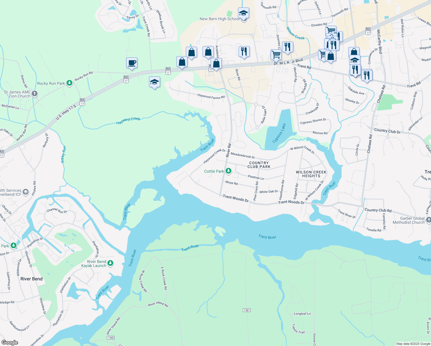 map of restaurants, bars, coffee shops, grocery stores, and more near 5305 Hatcher Rd in Trent Woods