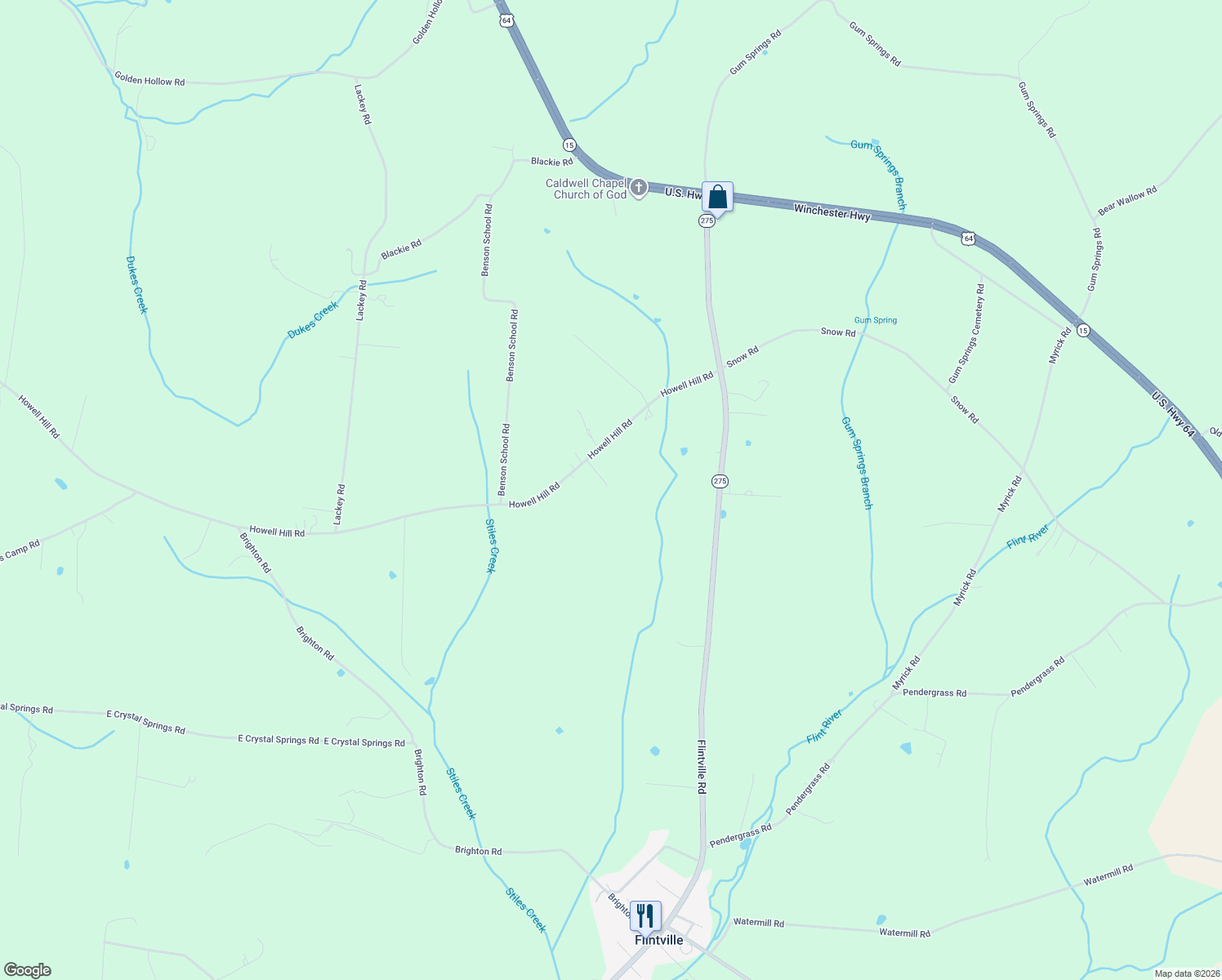 map of restaurants, bars, coffee shops, grocery stores, and more near 675 Howell Hill Road in Flintville