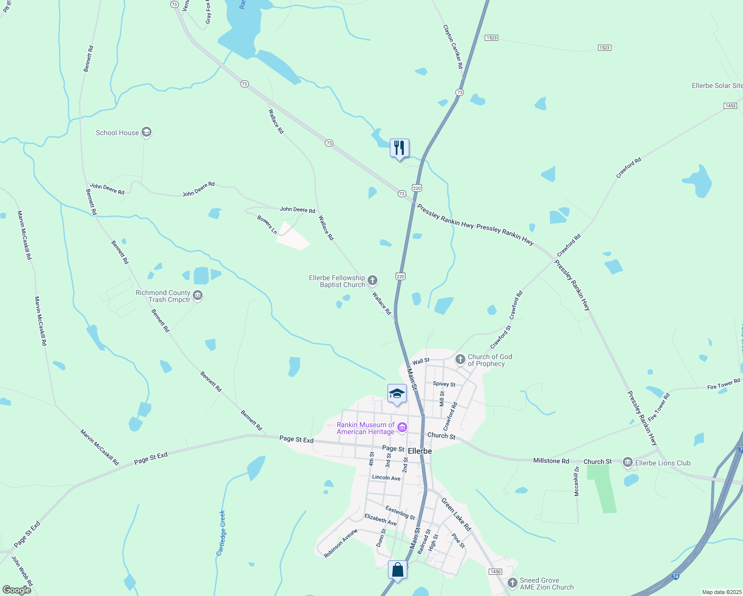 map of restaurants, bars, coffee shops, grocery stores, and more near 133 Wallace Road in Ellerbe
