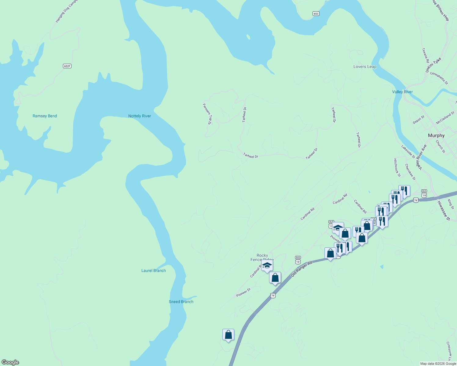 map of restaurants, bars, coffee shops, grocery stores, and more near 477 West Ridge Drive in Murphy