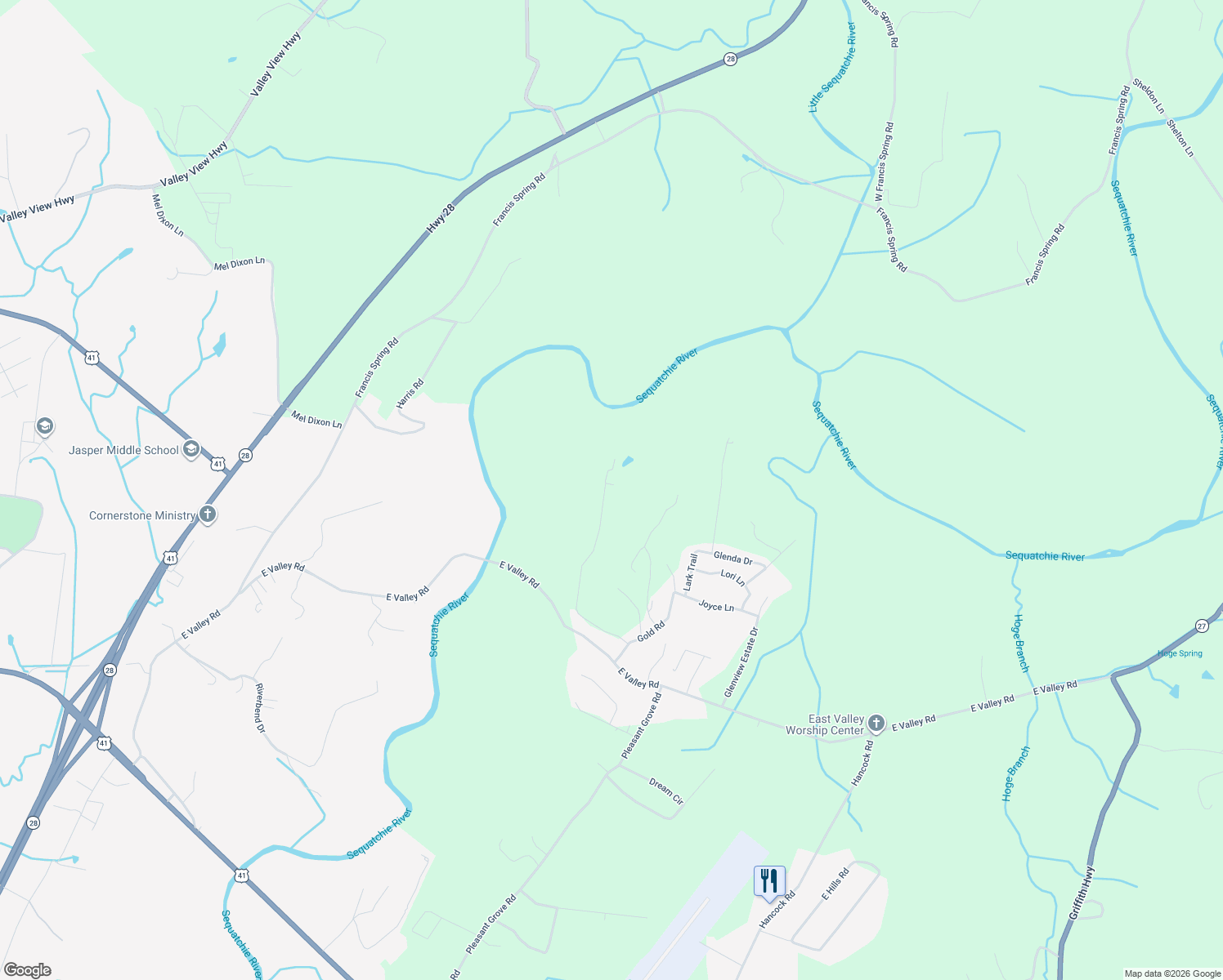 map of restaurants, bars, coffee shops, grocery stores, and more near 670 Sherry Road in Jasper