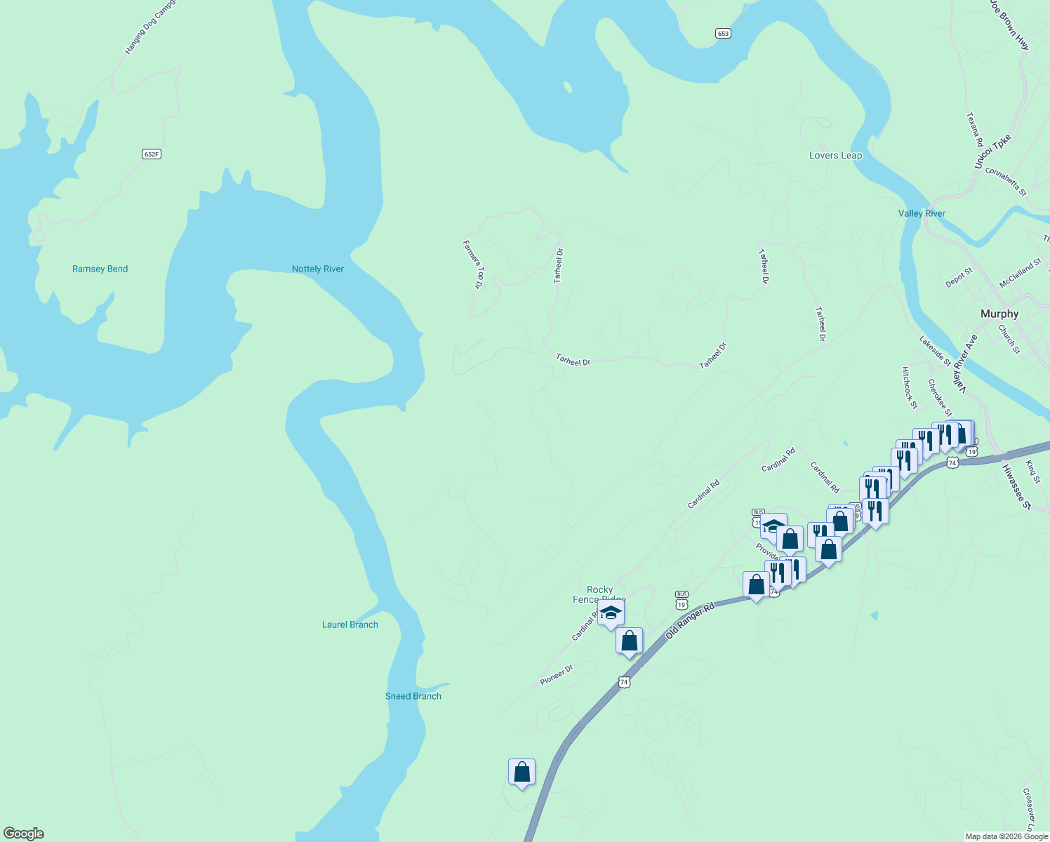 map of restaurants, bars, coffee shops, grocery stores, and more near 477 West Ridge Drive in Murphy