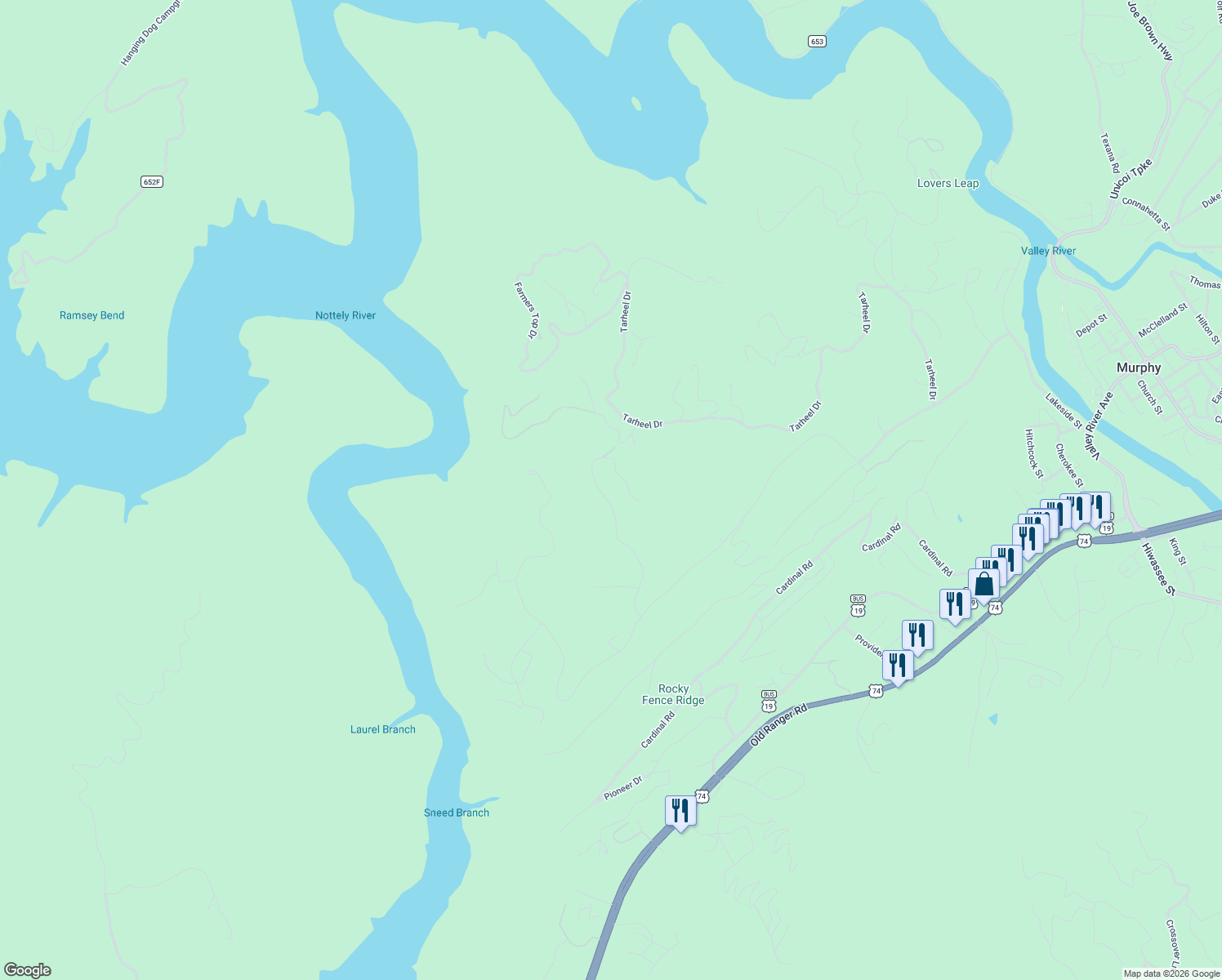 map of restaurants, bars, coffee shops, grocery stores, and more near 420 W Ridge Dr in Murphy