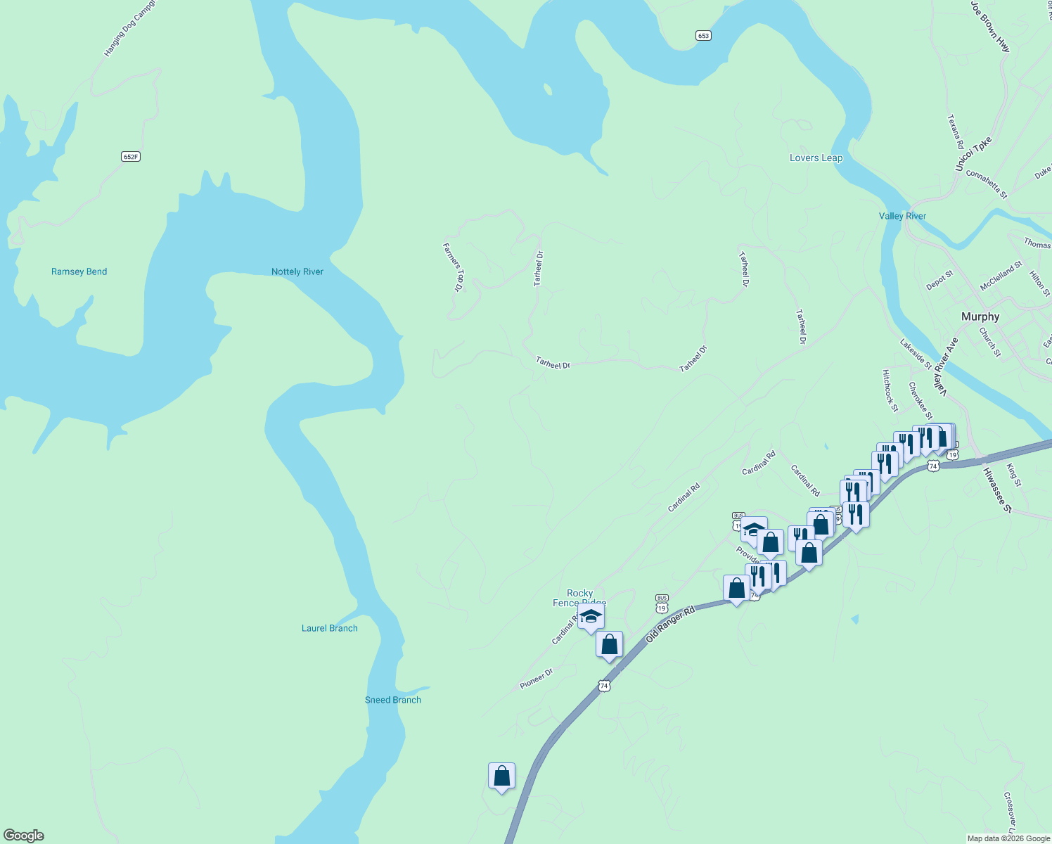 map of restaurants, bars, coffee shops, grocery stores, and more near 420 West Ridge Drive in Murphy