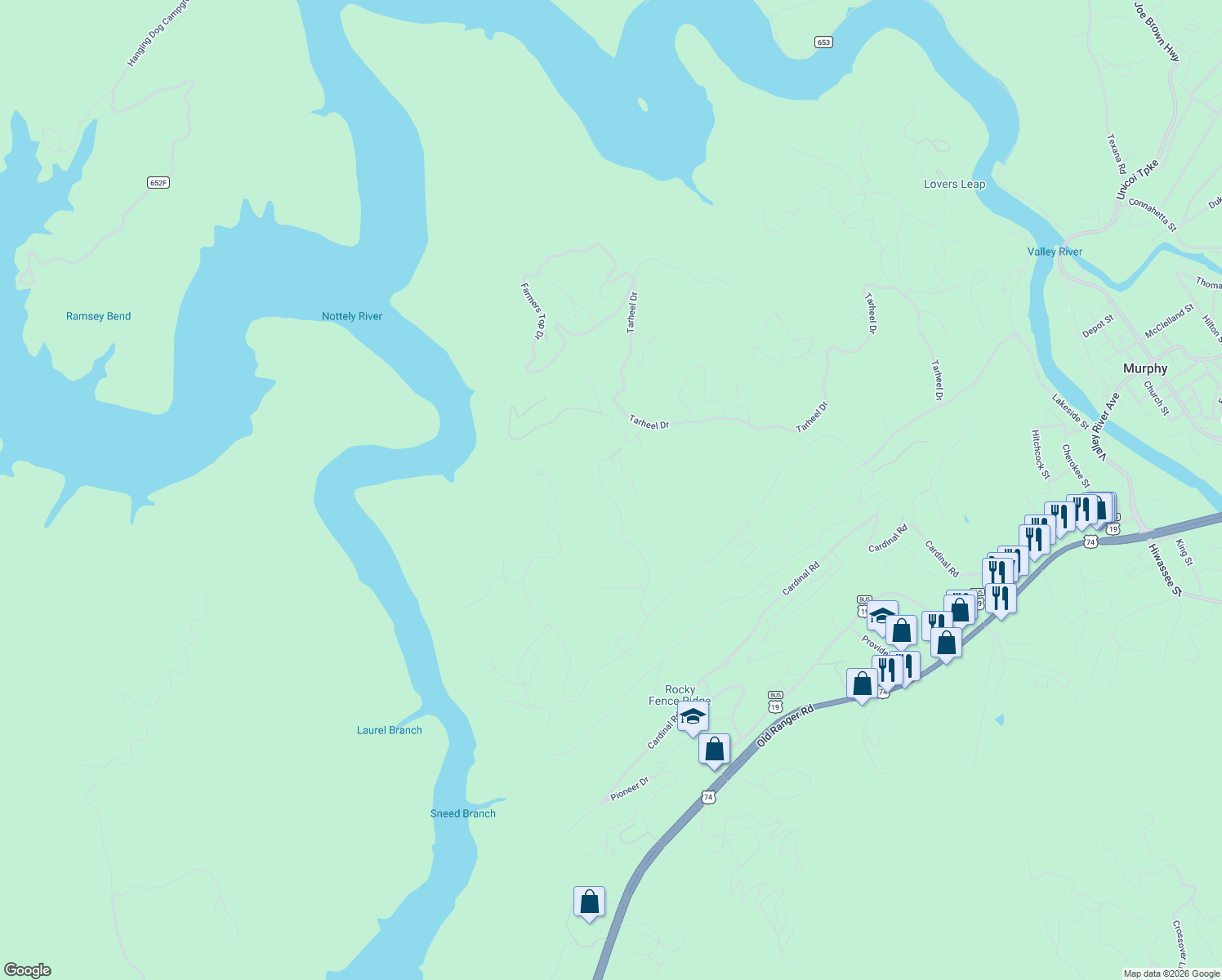 map of restaurants, bars, coffee shops, grocery stores, and more near 420 West Ridge Drive in Murphy