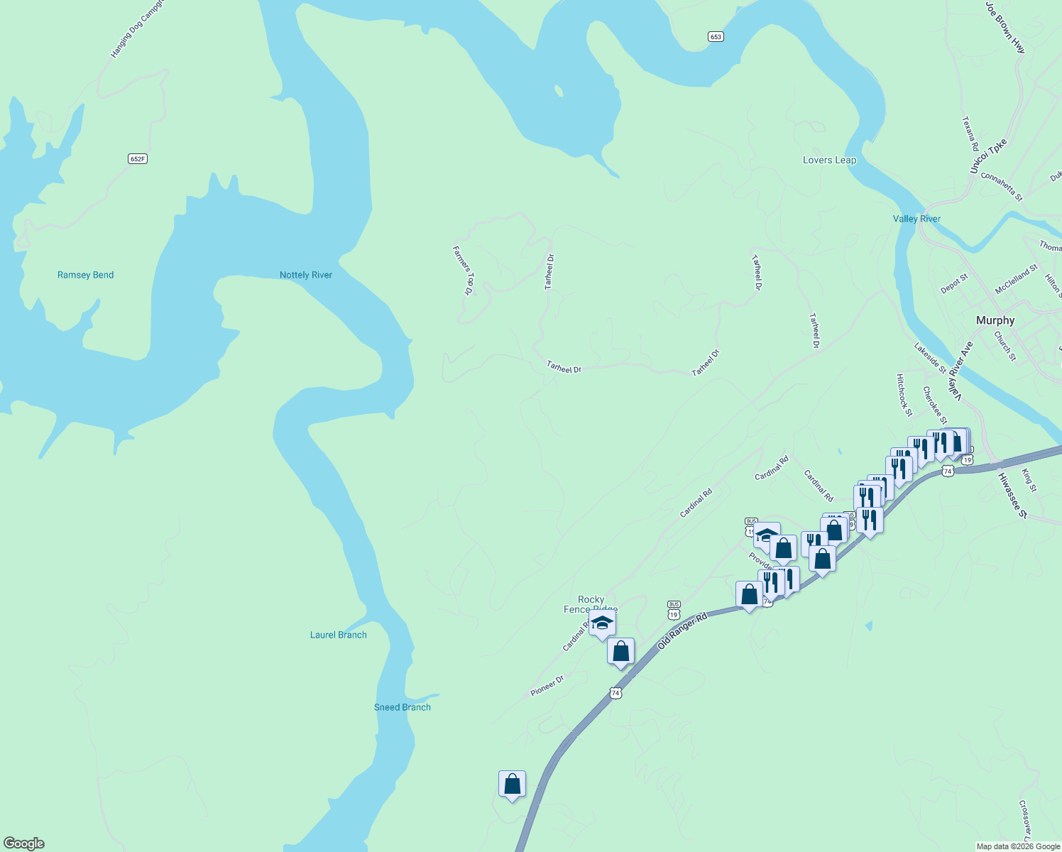 map of restaurants, bars, coffee shops, grocery stores, and more near 420 West Ridge Drive in Murphy