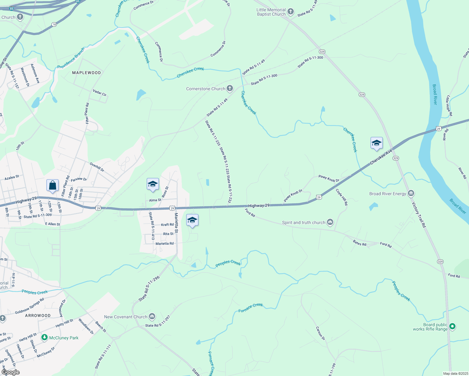 map of restaurants, bars, coffee shops, grocery stores, and more near 3525 Cherokee Avenue in Gaffney
