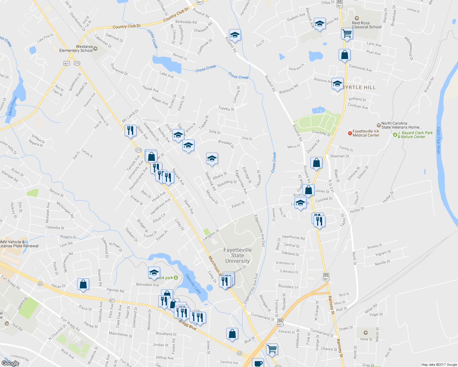 map of restaurants, bars, coffee shops, grocery stores, and more near 517 Spaulding Street in Fayetteville