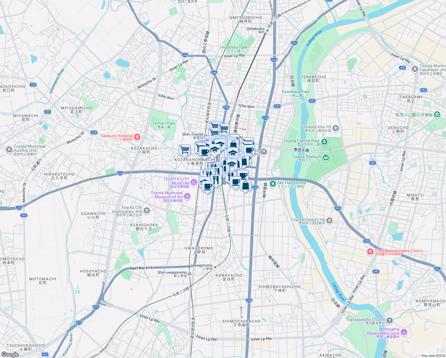 map of restaurants, bars, coffee shops, grocery stores, and more near in Toyota