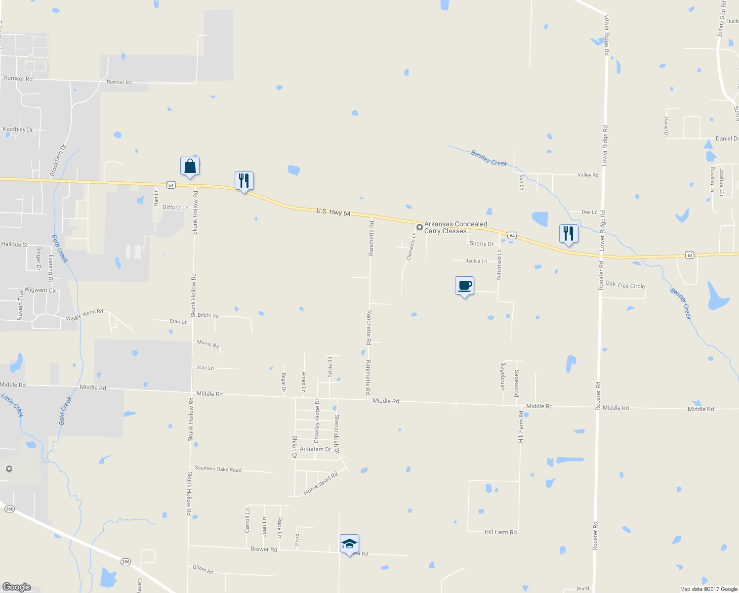 map of restaurants, bars, coffee shops, grocery stores, and more near 42 Ranchette Road in Conway