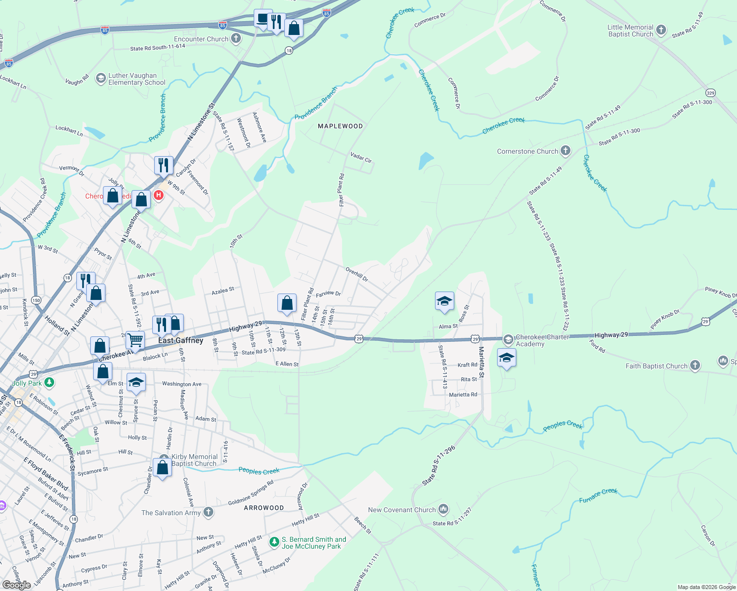 map of restaurants, bars, coffee shops, grocery stores, and more near 120 State Road S-11-356 in Gaffney
