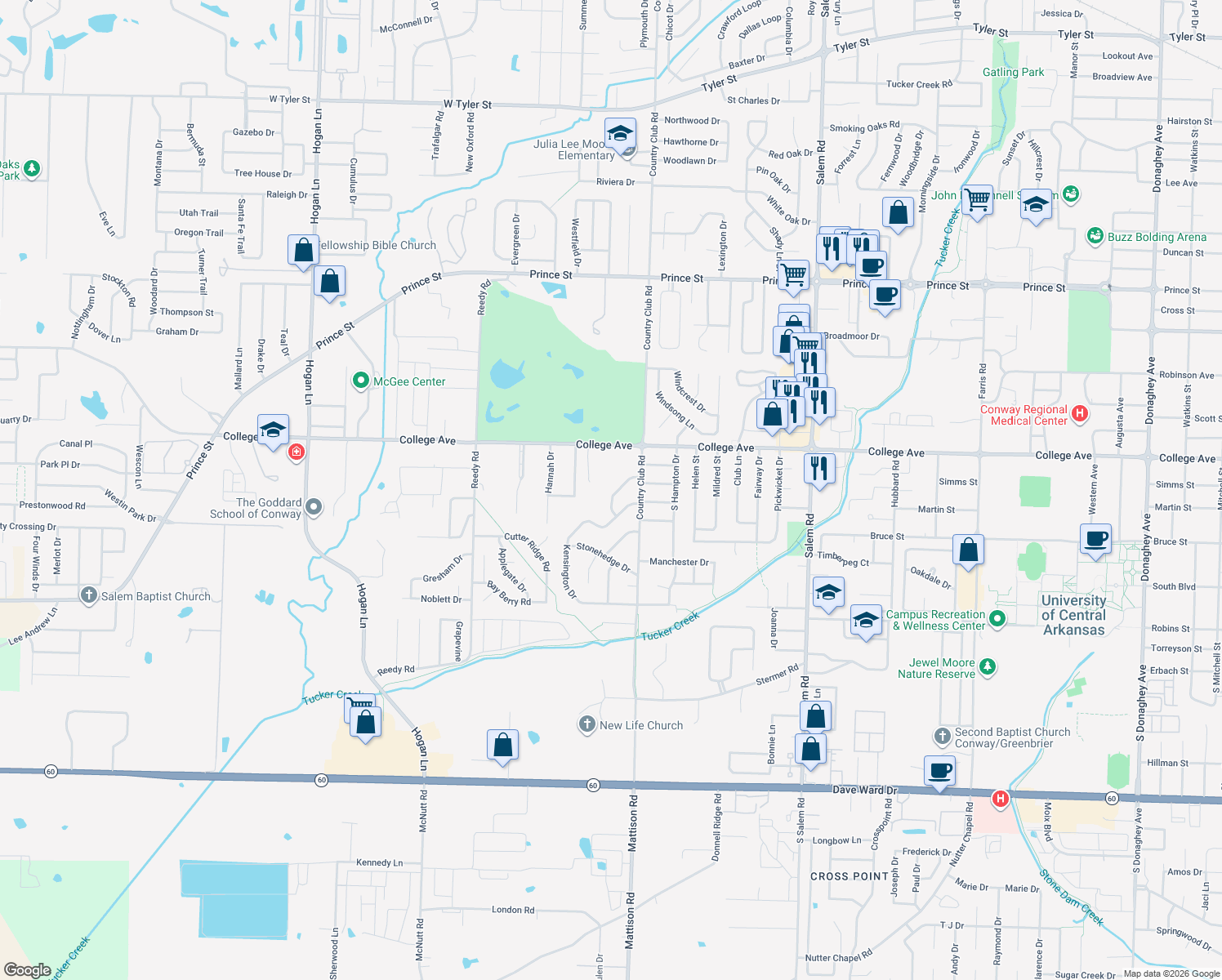 map of restaurants, bars, coffee shops, grocery stores, and more near 10 Bainbridge Drive in Conway