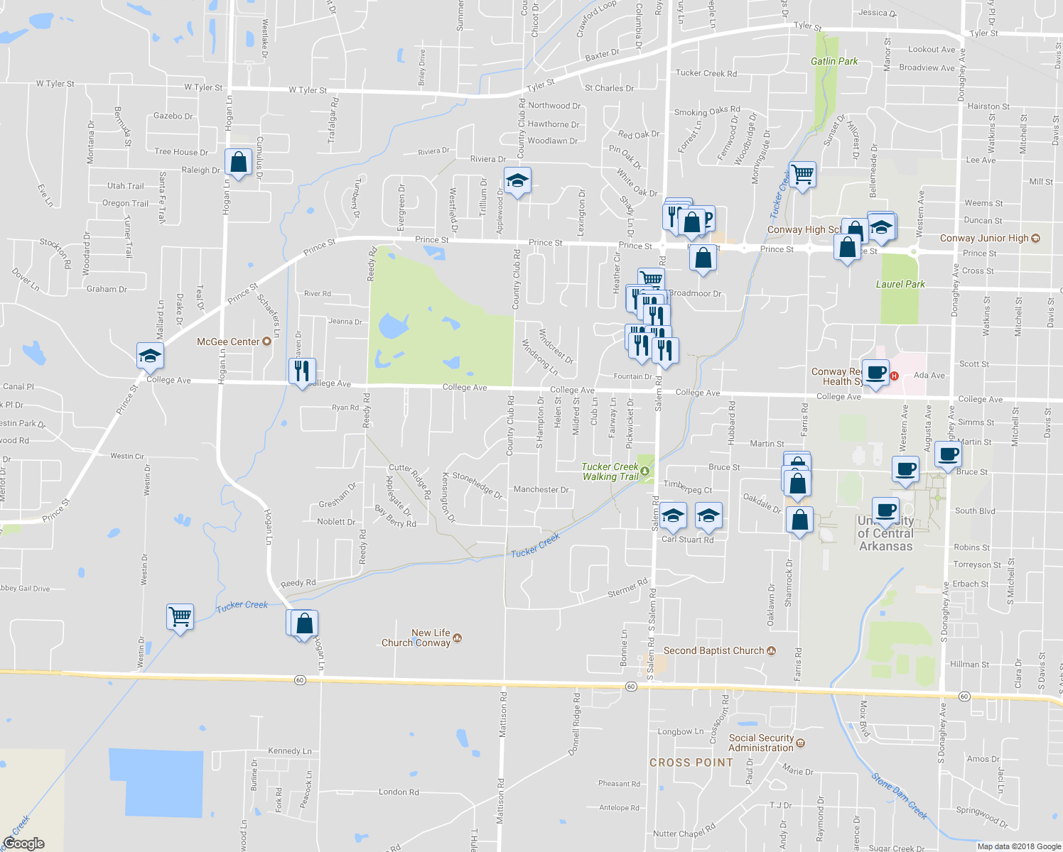 map of restaurants, bars, coffee shops, grocery stores, and more near 3183 Stacy Drive in Conway