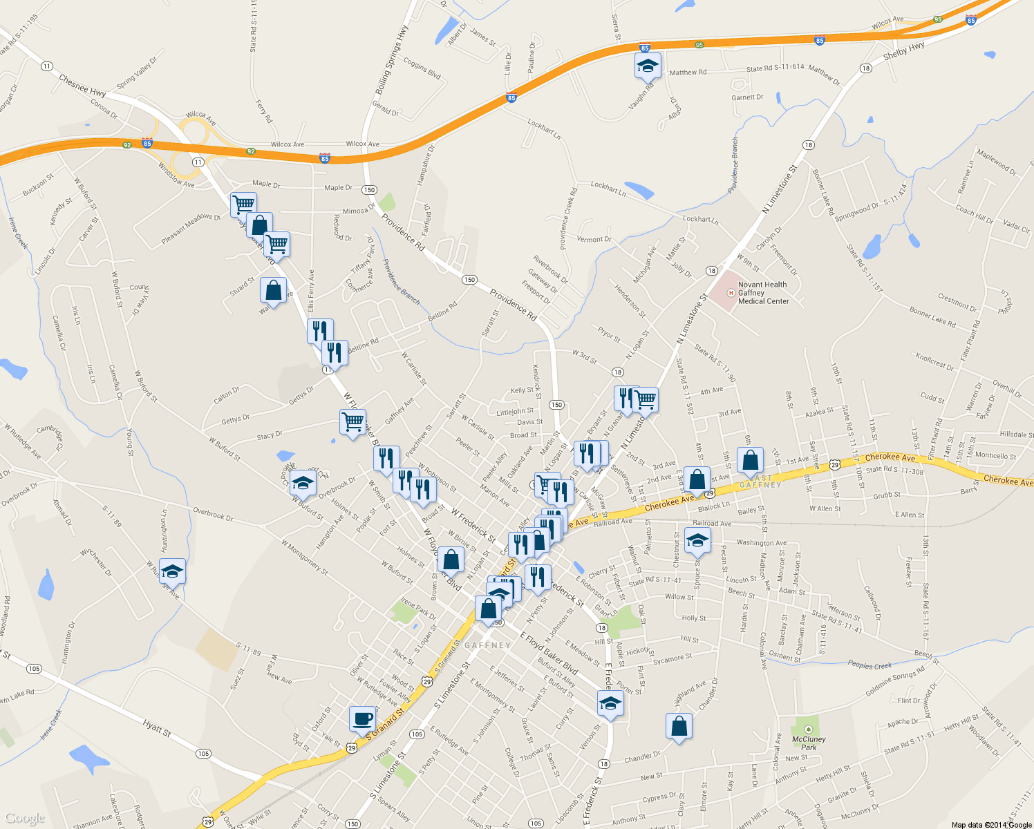 map of restaurants, bars, coffee shops, grocery stores, and more near 616 Littlejohn Street in Gaffney