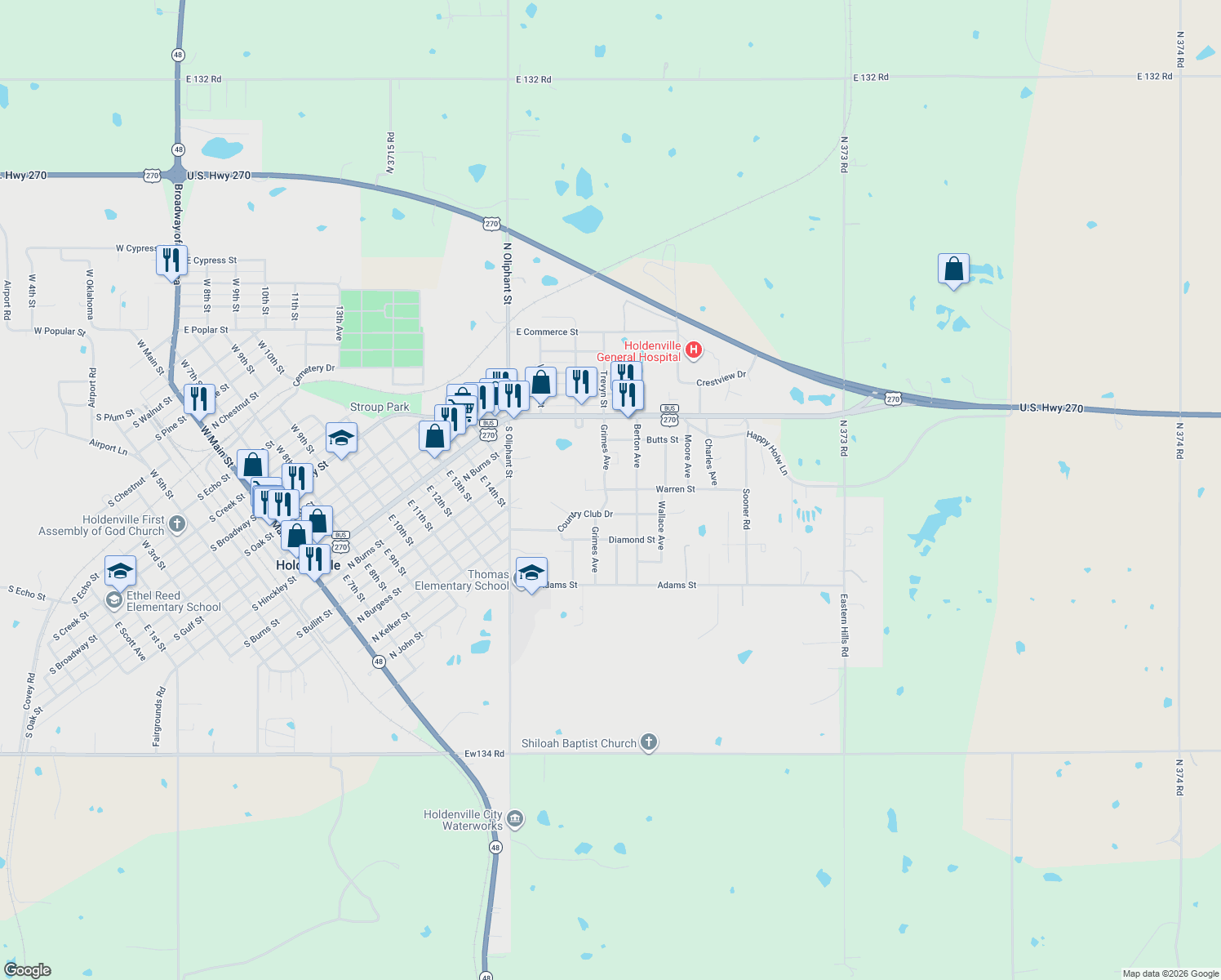 map of restaurants, bars, coffee shops, grocery stores, and more near 115 Warren Street in Holdenville